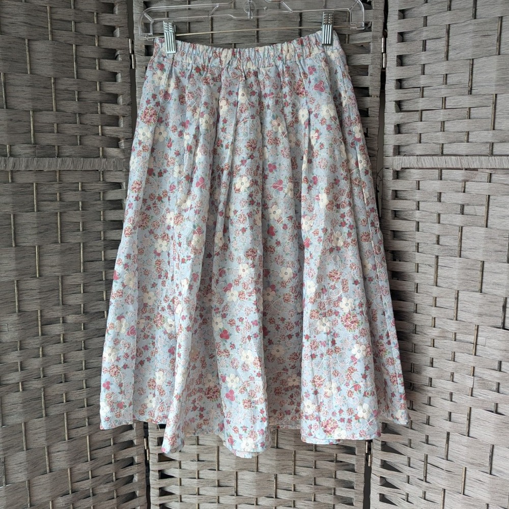 A-Line Midi Skirt Pale‎ Blue Pink Floral Embroidered Pleated Fits XS Cottagecore